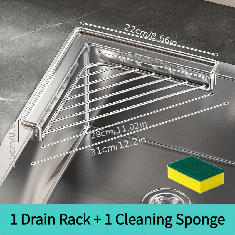 TEMU 2pcs Set (1 Drainer Rack + 1 Cleaning Sponge) Sink Drainer Rack, Stainless Steel Triangular Sink Organizer, Space-saving, For Placing Sponges,