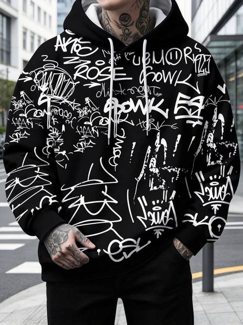 printed design not textured new mens long sleeve casual hoodie with geometric graffiti print fashionable printed hooded sweatshirt trendy patterned hoodie suitable for spring autumn and fashion and daily wear a soft street