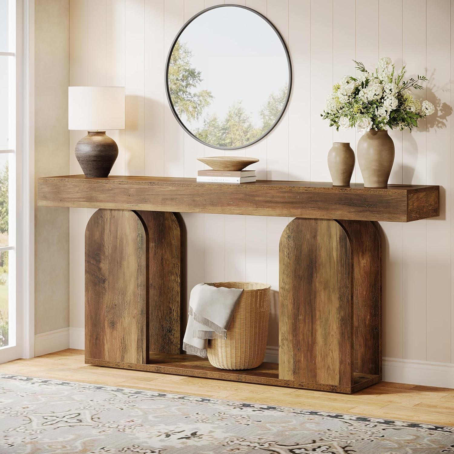 Image of Wooden Console Table Measuring 160 X 30 X 85cm, Featuring A U-shaped Base And 2 Tiers, Ideal For The Entryway, Hallway, Or Living Room, In Brown End