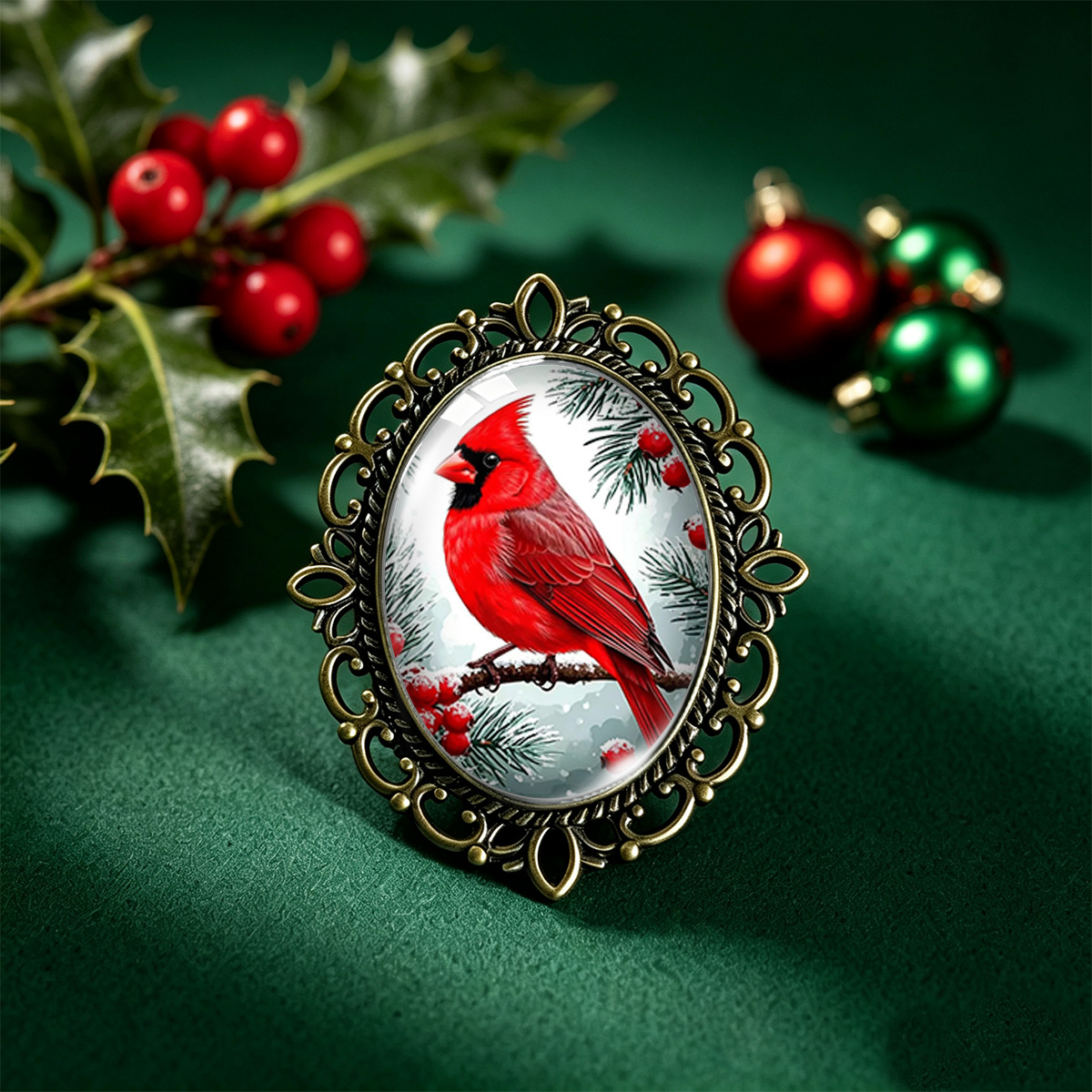 TEMU 1 pièce Broche en verre ovale avec dentelle, style de Noël , motif cardinal d'hiver, branches de pin enneigées et , bronze vintage