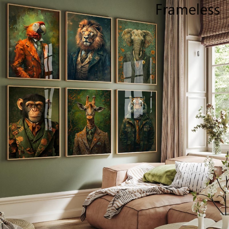 TEMU 2d Flat, 2d Flat, Set Of 6 Vintage Anthropomorphic Suits Art Prints - Victorian-style Dressed Lion, Elephant, Tiger, Giraffe, Monkey & Parrot