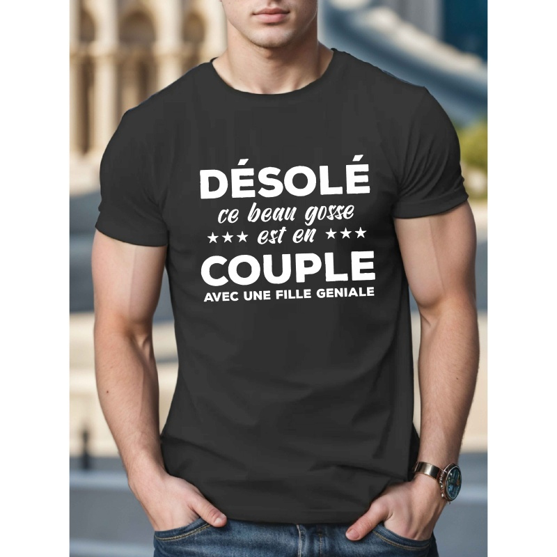 

T-Shirt Décontracté pour Homme avec Française - Imprimé ", ", Manches Courtes, Col Rond, Polyester, Haut d'Été, Lavable en Machine