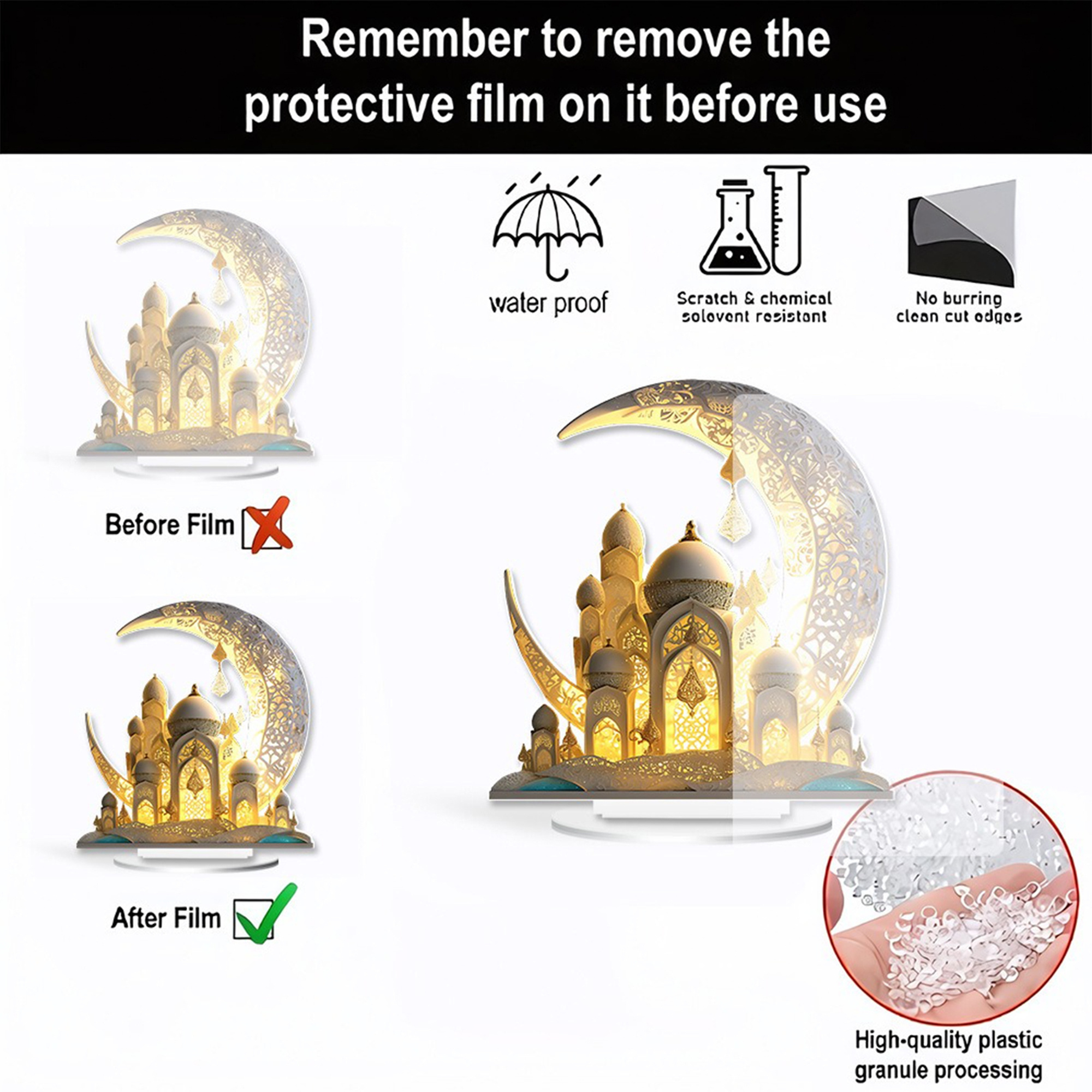 2D Flat, 2D Flat, 2D Flat - 2d Flat Moon Castle Ramadan Acrylic Desktop Ornament | Elegant Crescent and Islamic Architecture Design, Ideal for Home and Party Decoration, Non