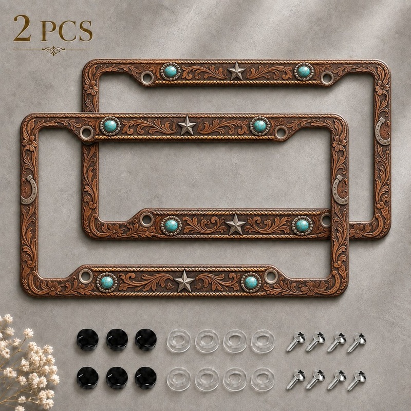 TEMU 2pcs Set Turquoise Print Vintage Western License Plate Frame Set, Rectangular Car Decoration For Women, For Daily Commutes, Birthday Gift For