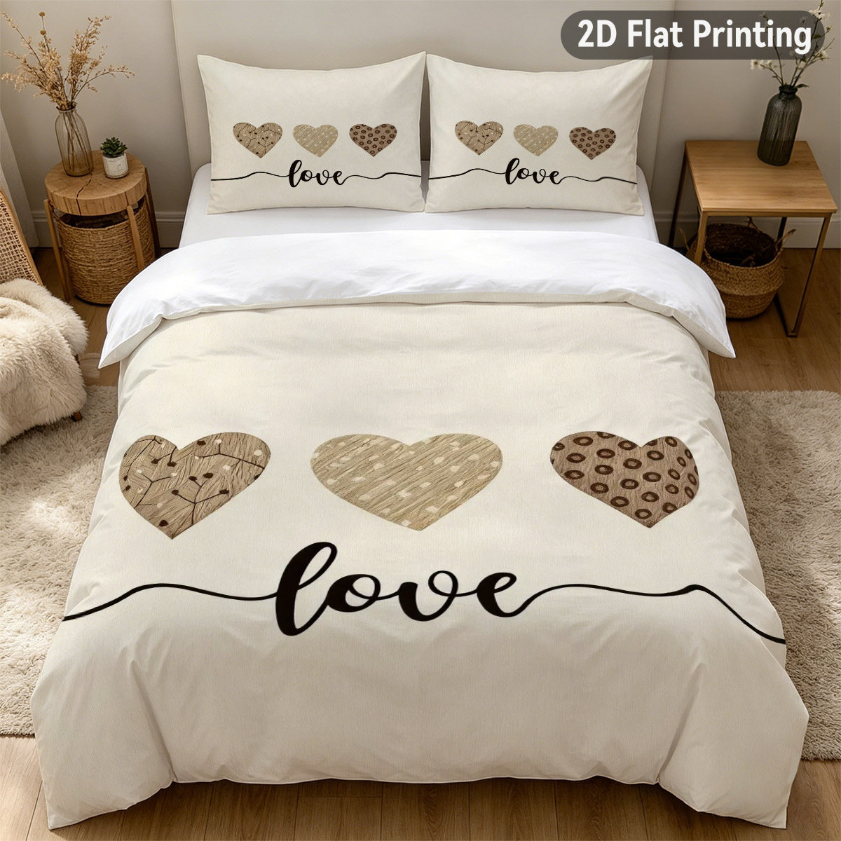 3pcs Bedspread Cover Suitable For Bedrooms - -friendly Duvet Cover & Pillowcases With Heart Patterns, Love Script…: retailer-supplied image