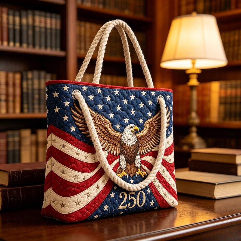 Women's Oversized Patriotic Quilted Shoulder Tote, Bag With Bald Eagle Flag Print, Rope Handles Fade-proof Handbag For Beach Shopping Travel