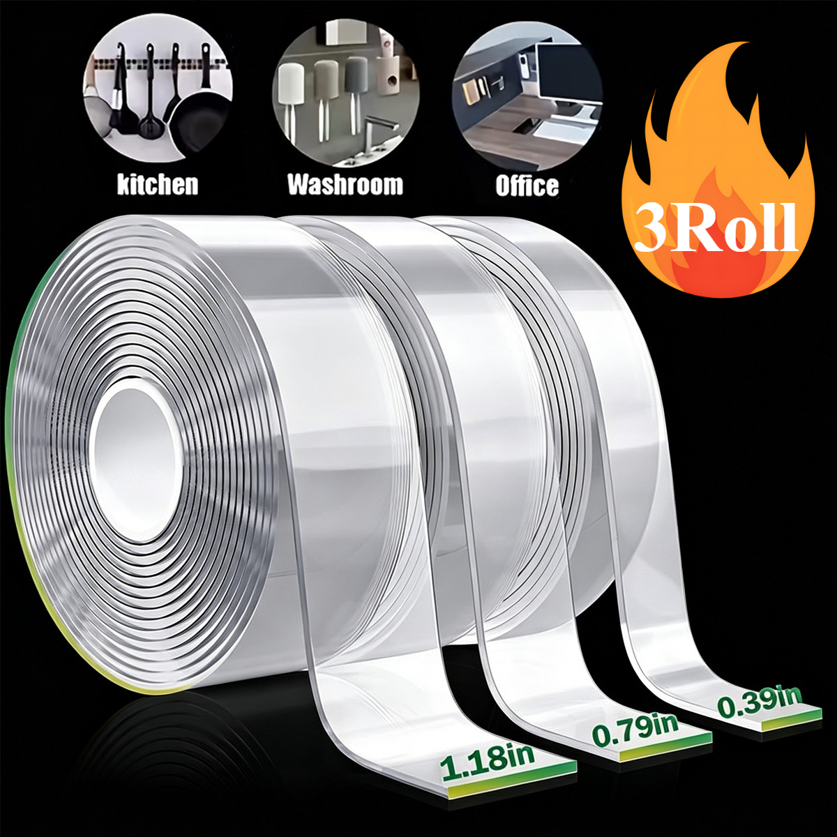 TEMU 3 Rolls Double Sided Tape Heavy Duty - Total 30ft, Extra Strong Nano Tape Adhesive Strips Tape, Clear Mounting Tape Removable 2 Sided Adhesive