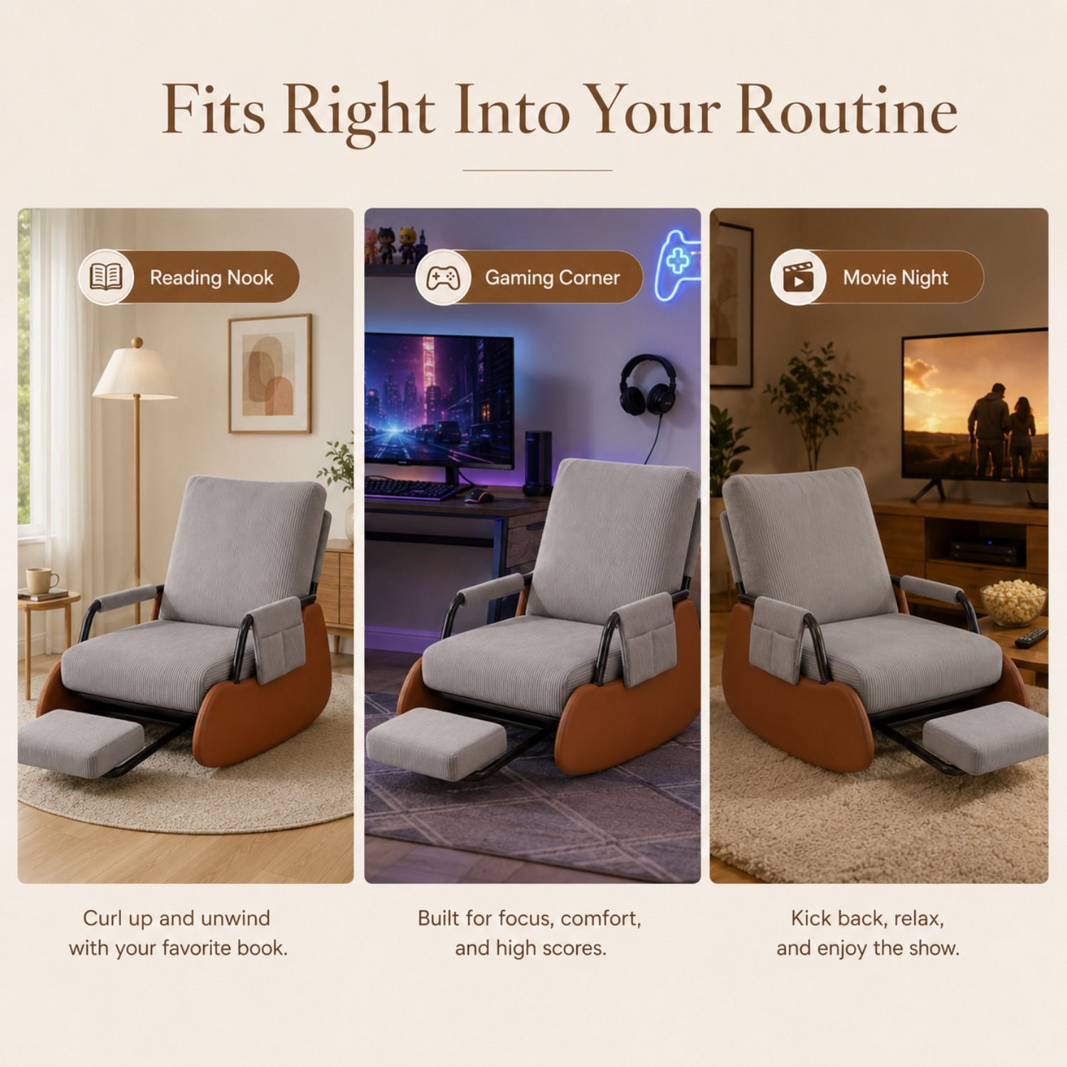 Modern Rocker Chair With Extendable Footrest, Comfortable Rocking Lounge Chair With Wide Seat And Side Pockets, 310 Lbs Capacity, Gray And Brown