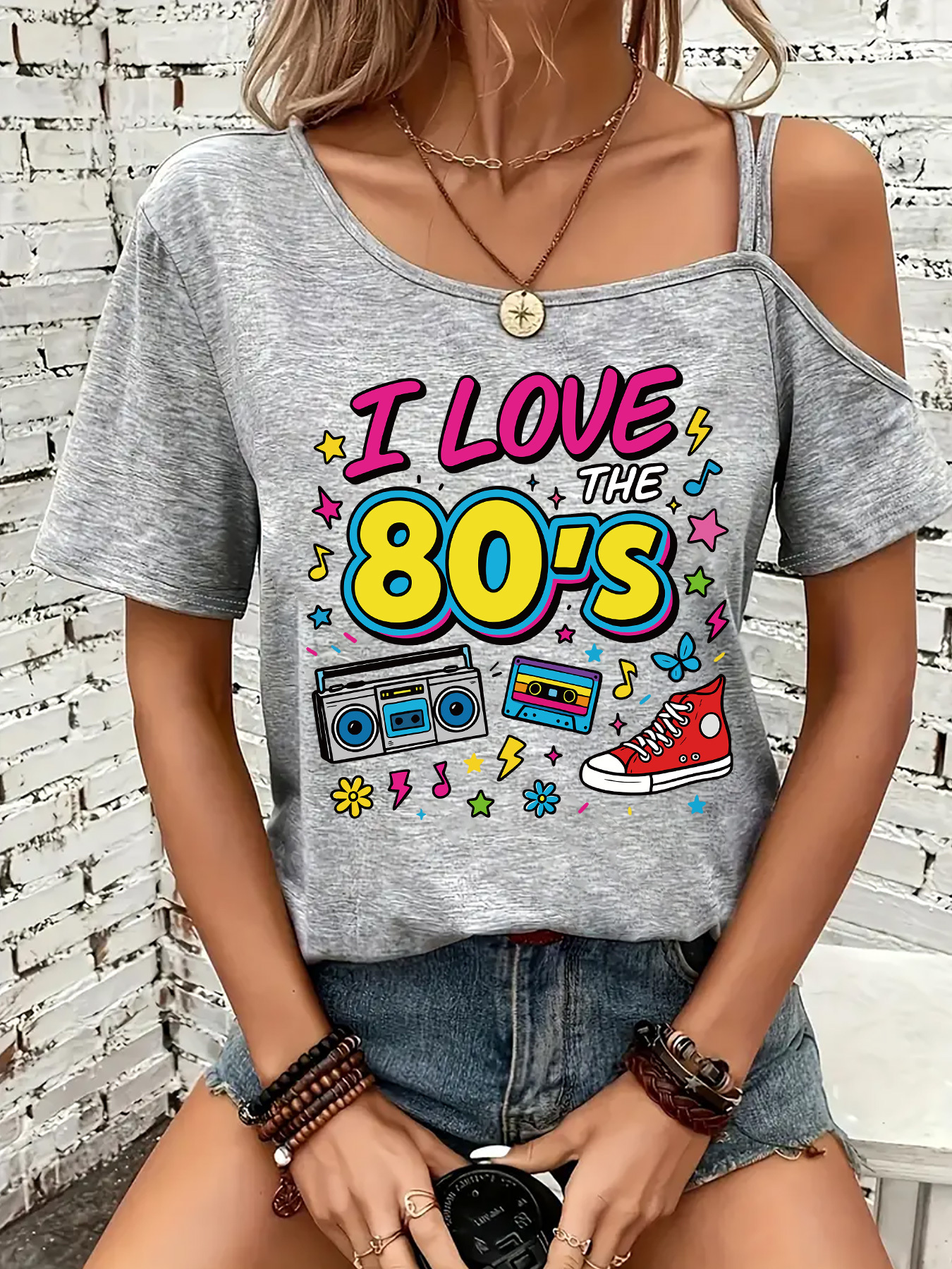 035 womens fashion shoulder strappy short sleeve t shirt 80s