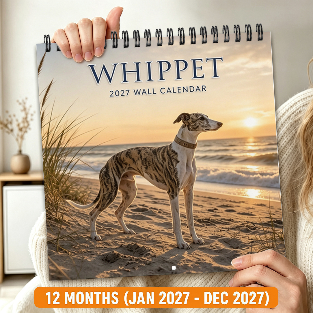 TEMU 2d Flat 1pc 2027 Whippet Calendar - 12-month Monthly Planner, Black Spiral Binding, Hanging Calendar For Home Office Decor, Beach Theme Whippet
