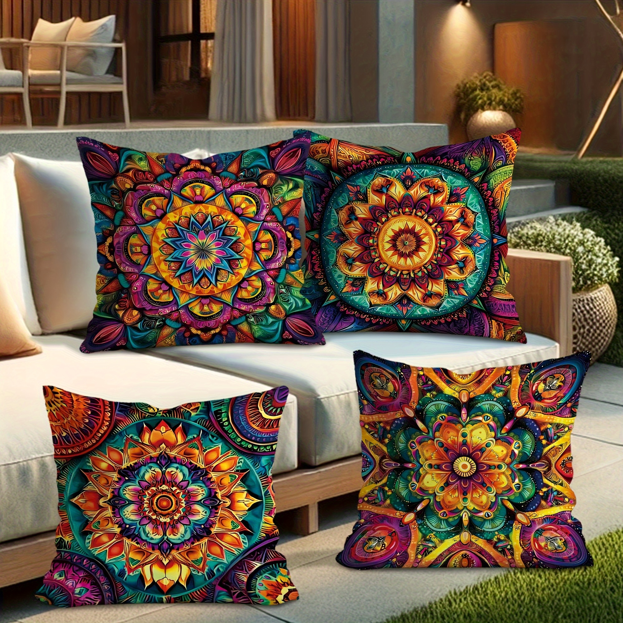 TEMU 4pcs Bohemian Mexican Style Mandala Floral Print Pillow Covers - Vibrant Colors, Zipper Closure, Machine Washable, Multiple Sizes For Sofa, Bed,