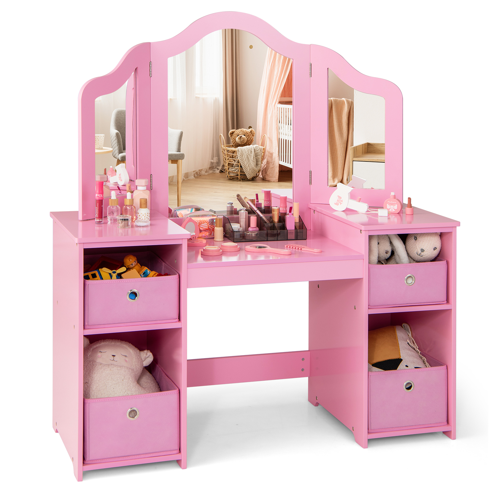 Image of Kids Vanity Table, 2-in-1 Princess Makeup Vanity Desk W/ 3 Removable Mirrors, 4 Storage Bins For Girls, Makeup Dressing Table W/ Mirror