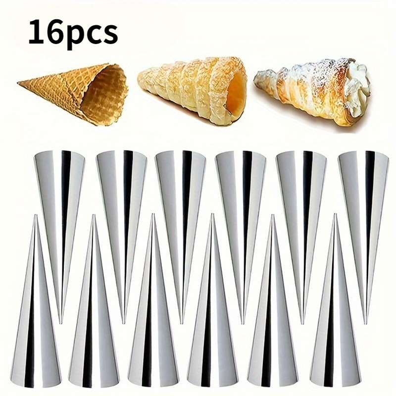 Image of 16pcs Stainless Steel Cream Cone Mold - Spiral Croissant | Ice Cream Cone Mold - Pastry, Cookie | Bread Cone Baking Tools - Reusable For Creative Desserts - Commercial-grade Kitchen Baking Equipment