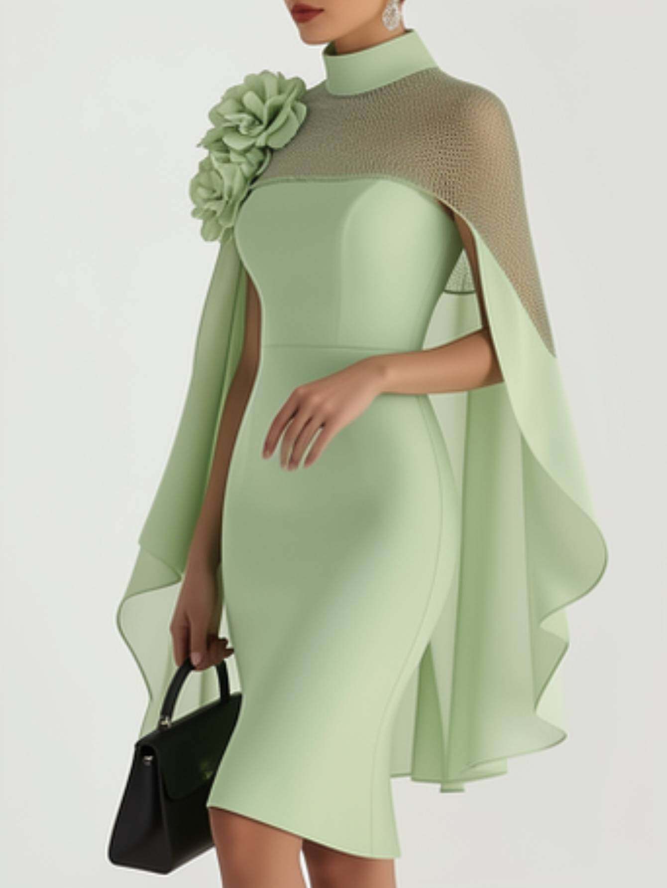 stand collar dress with three dimensional floral decorations shawl style waist cinching hip hugging   length for women high end elegant     style suitable for evening parties formal occasions wedding looks