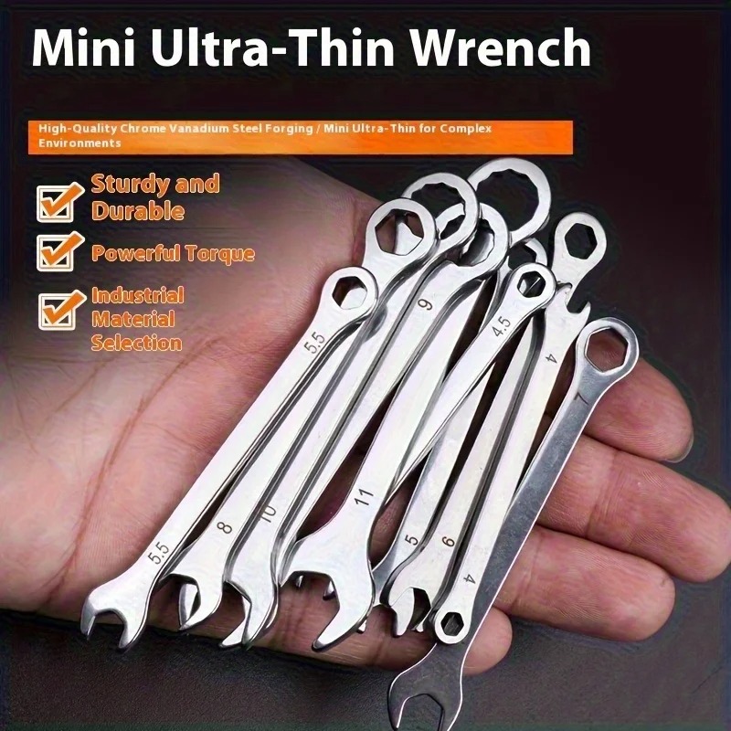 TEMU 10pcs Mini Combination Wrench Set, Dual-use Open-end And Box-end Wrenches, 4-11mm Metric Size, Portable Hand Repair Tools