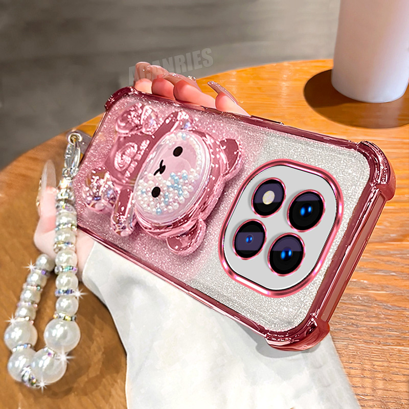 TEMU Phone Case: Note14 Pro 5g 1pc Cute Plating Quicksand Bead Bear Folding Bracket Stand Holder + 1pc Pearl Lanyard Chain Wrist Strap + 1pc Gradient