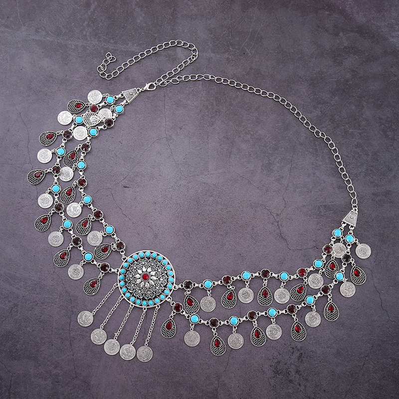 [Bohemian Waist Chain Necklace] NEULRY Women's Bohemian Retro Tassel Waist Chain Necklace - Vintage-Inspired Golden-Tone Metal with Turquoise & Clear Gemstones, Adjustable Headpiece & Waist Chain for Daily Wear, Parties, Weddings, Bohemian Jewelry, Party Accessory, Vintageinspired Design, Intricate Beaded Detail