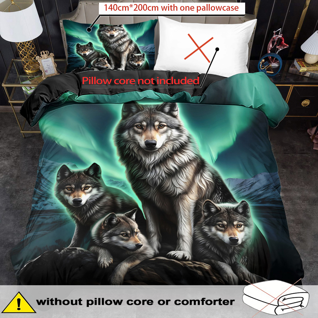 TEMU Wolf Bedding Set Animal Duvet Cover Set Aurora Comforter Cover Bedroom Decor 2/3pcs 2d Valentine's Day Flat Printing (includes 1 Duvet Cover  