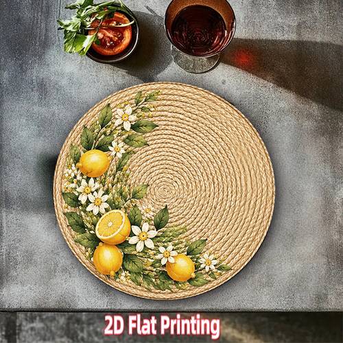 4pcs 2d printed round placemats 15in lemon green theme design table arrangement suitable for holiday parties family picnics outdoor parties decorations for indoor and outdoor use