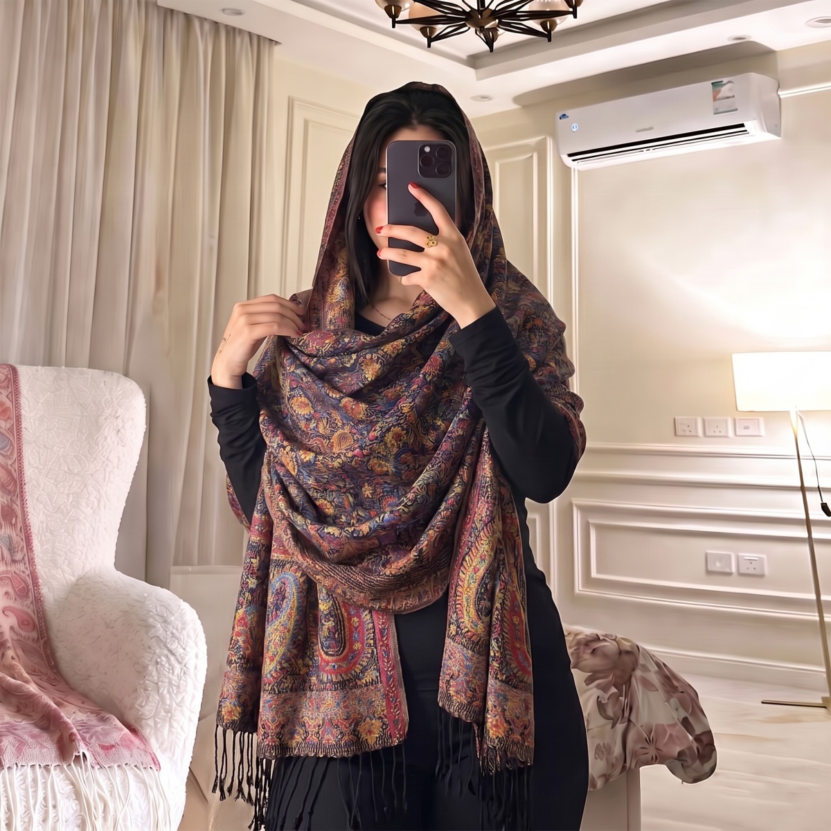 TEMU 1pc Women Retro Paisley Jacquard Shawl Scarf, Heavy-weave Black Fringe Wrap, Soft Warm Ethnic Hijab, Evening Dress, Winter Outfit & Vacation And