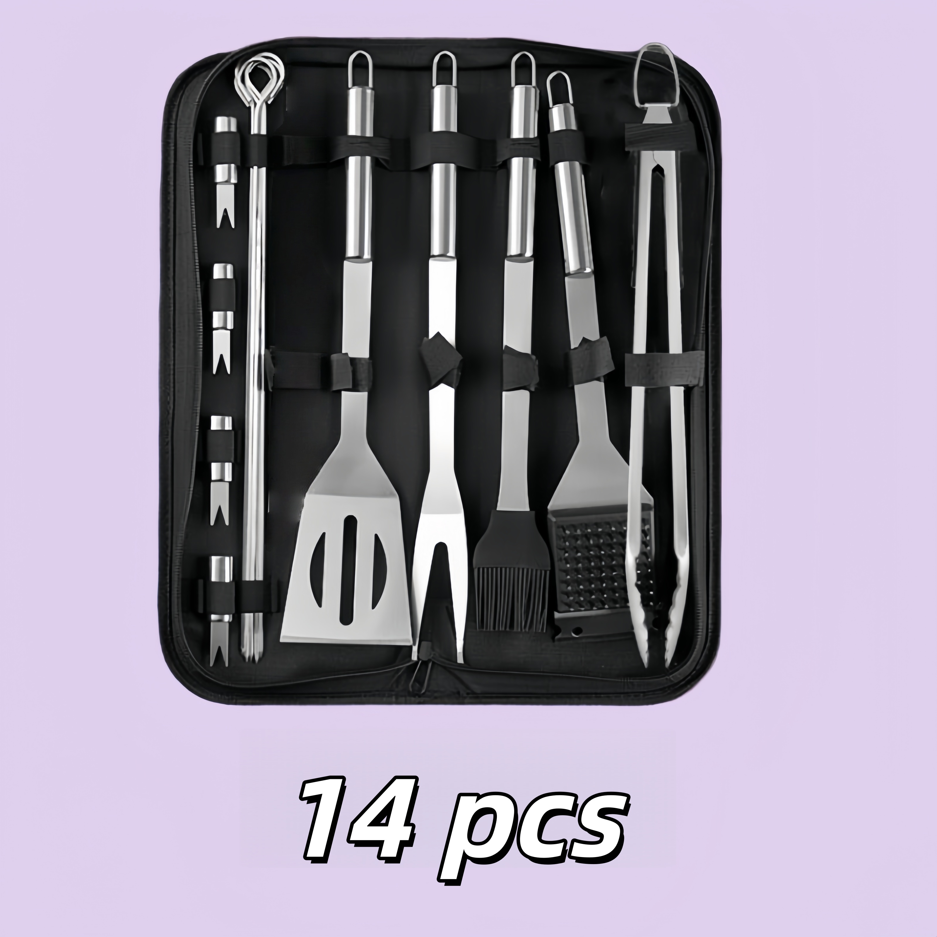 Image of 3/10/14pcs Bbq Grill Accessories, Grilling Fork, Oven Cleaning Brush, Stainless Steel Bbq Utensils Kit With Mats, Convenient And Portable Utensils With A Storage Bag, Great For Gifts On Father's Day