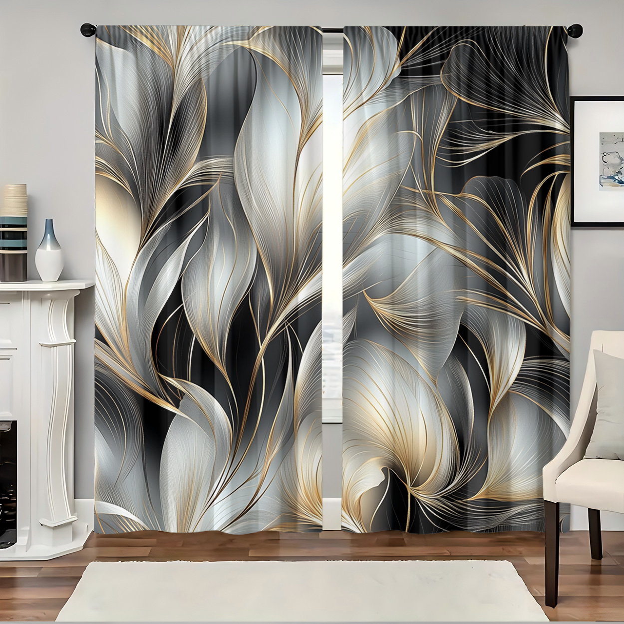 TEMU 2pcs, Polyester Material, Digital Golden Plated Print, Light Filtering Curtain, Suitable For Bedroom, Living Room, Office And Home Decoration,