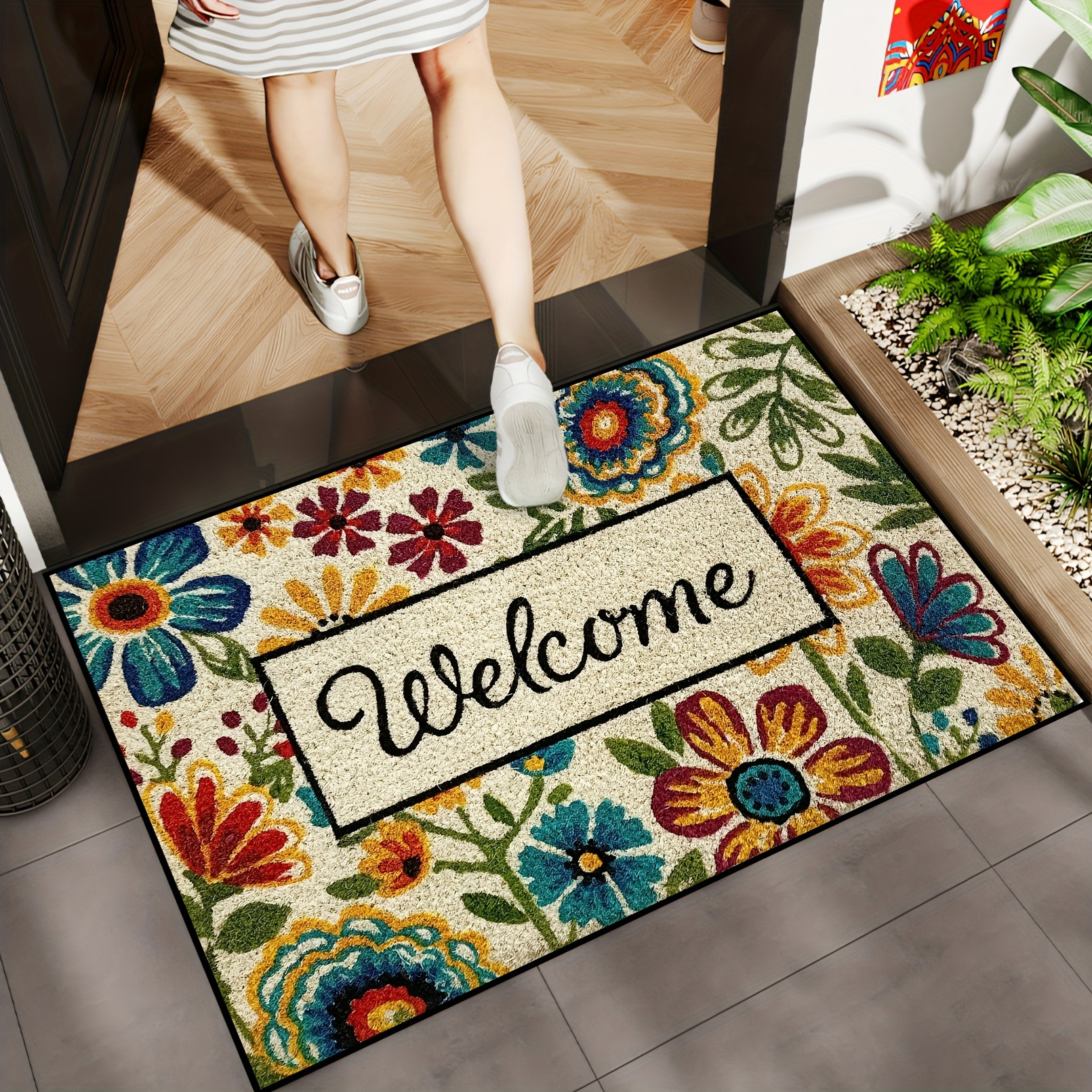 Image of 1pc Floral Welcome Door Mat - Rug, Non-slip, Machine Washable - Kitchen, Dining Room, Hallway, Bathroom, Bedroom Carpet - Perfect For Parties And Home Decor - Use