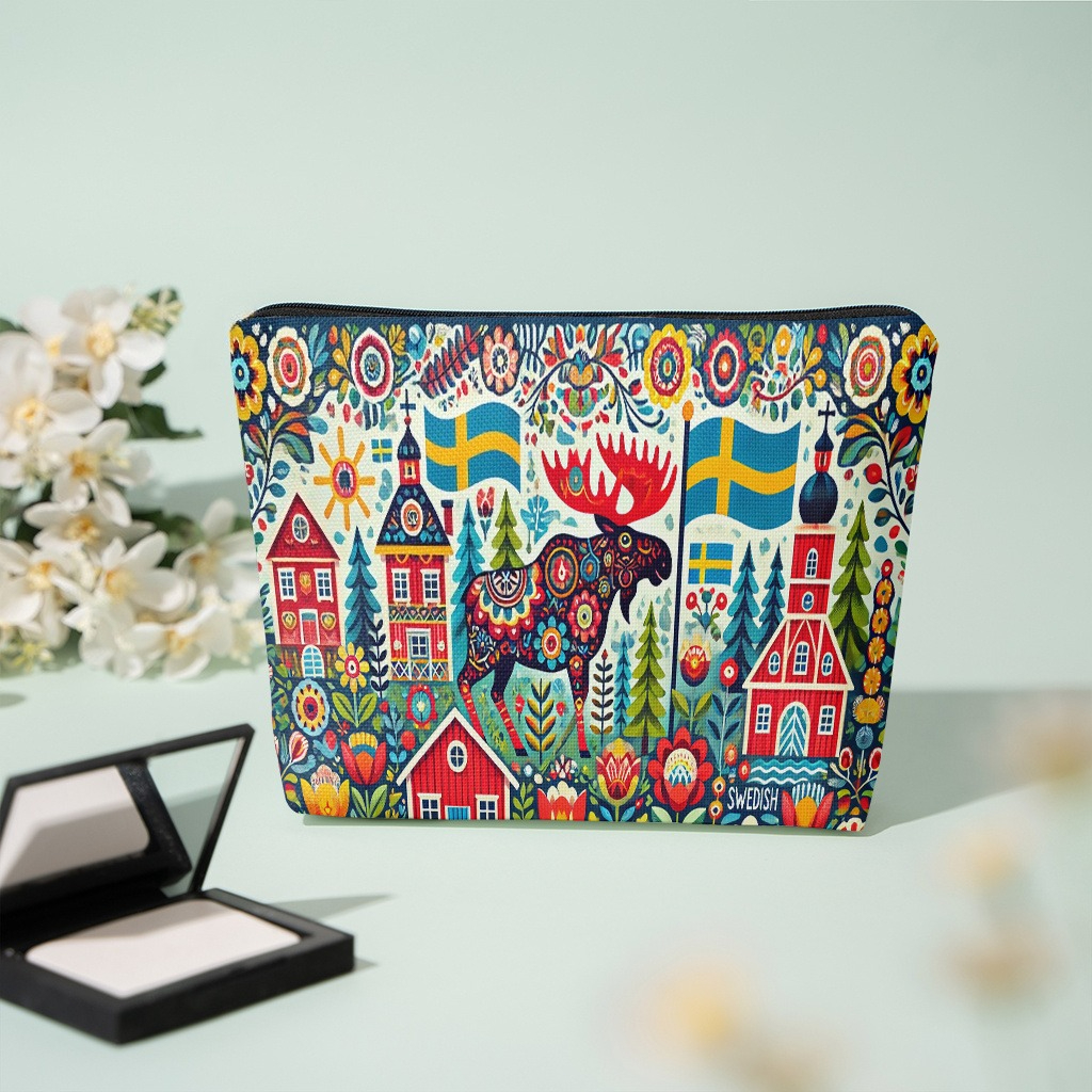 TEMU 1pc Swedish Folk Style Reindeer Floral, Lightweight Zippered Bag, Material Suitable For Travel And Daily Use Toiletry Bag - Multifunctional
