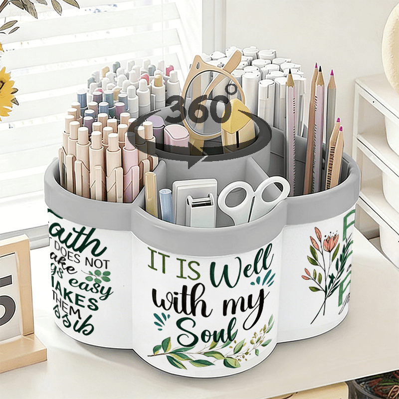 TEMU Rotating Pen Holder And Cosmetic Storage Box | "faith, Well With , Pray" Sticker - 360Â° Rotating Convenient Desktop Storage Box | Large Capacity