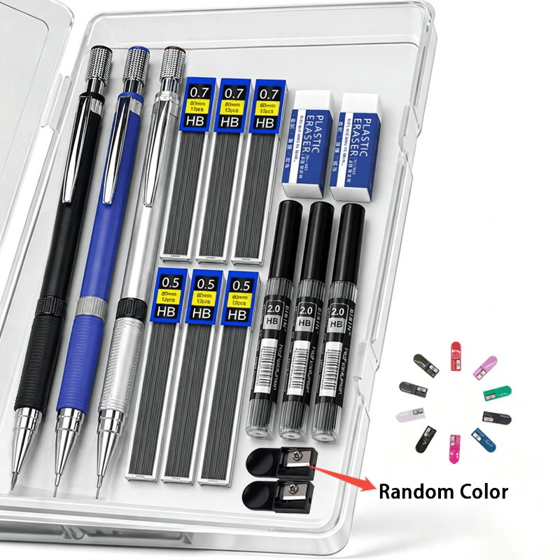 TEMU Set de Porte- Mécaniques 0,5/0,7/2,0 mm, 3 Porte- + 9 Boîtes de HB + 2 Gommes + 2 Taille-crayons de Couleur Aléatoire, Convient pour le et la