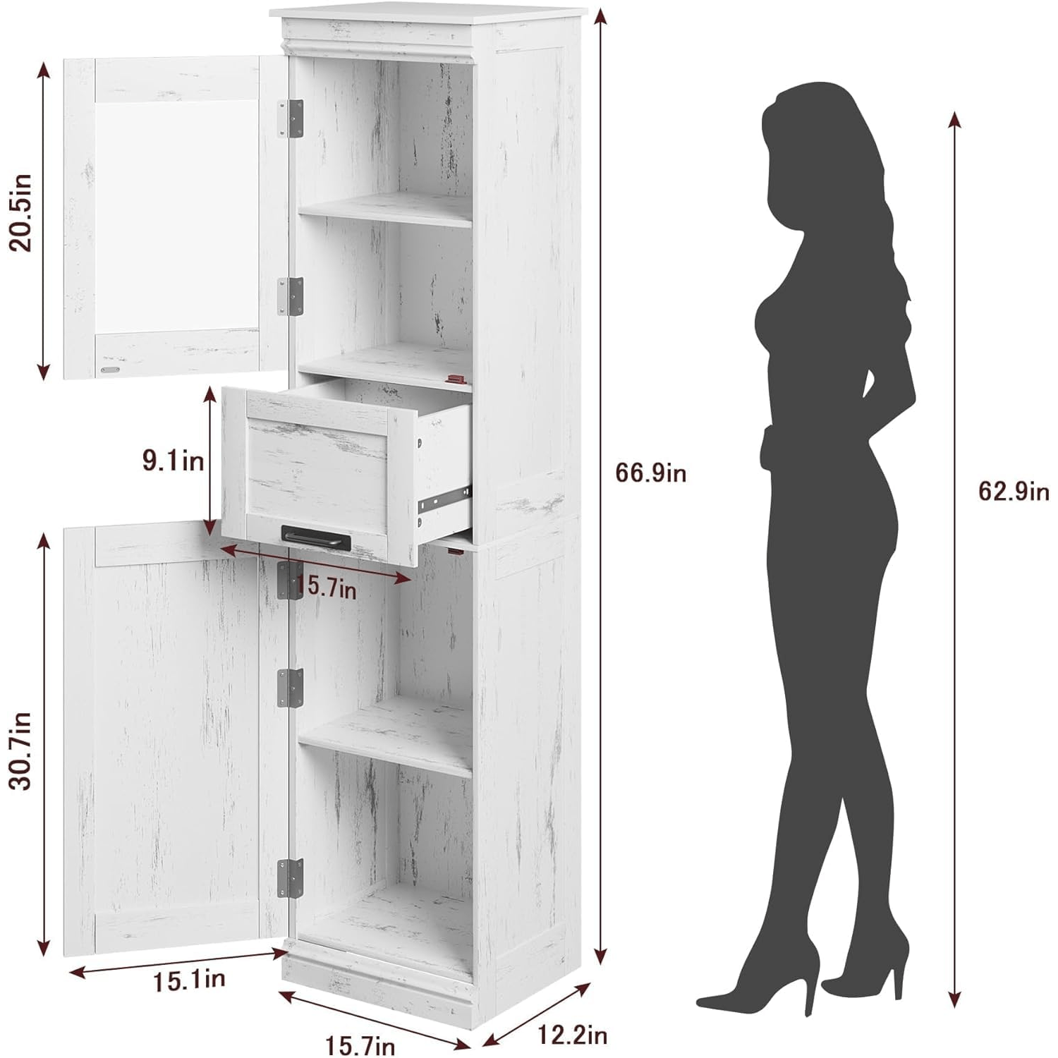 A 170cm Tall Slim Bathroom Cabinet Featuring Adjustable Shelves And Glass Doors, Designed For Narrow Spaces, Ideal For Small Bathrooms And Kitchens, In White