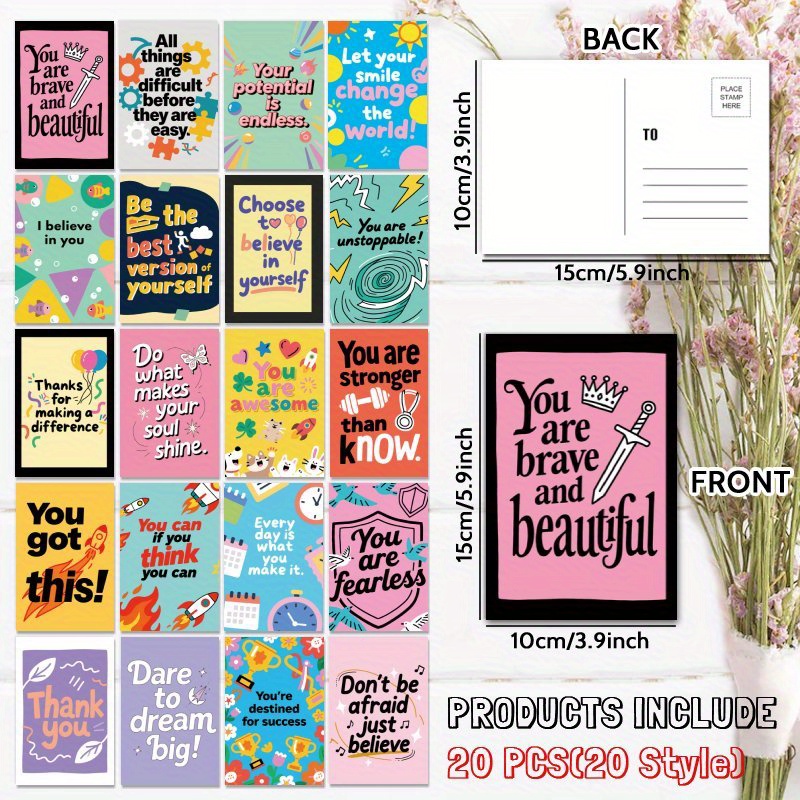 TEMU 20pcs Motivational Postcards With Uplifting Quotes - Colorful Cartoon Designs, Positive Affirmations For Encouragement, Gratitude & Appreciation