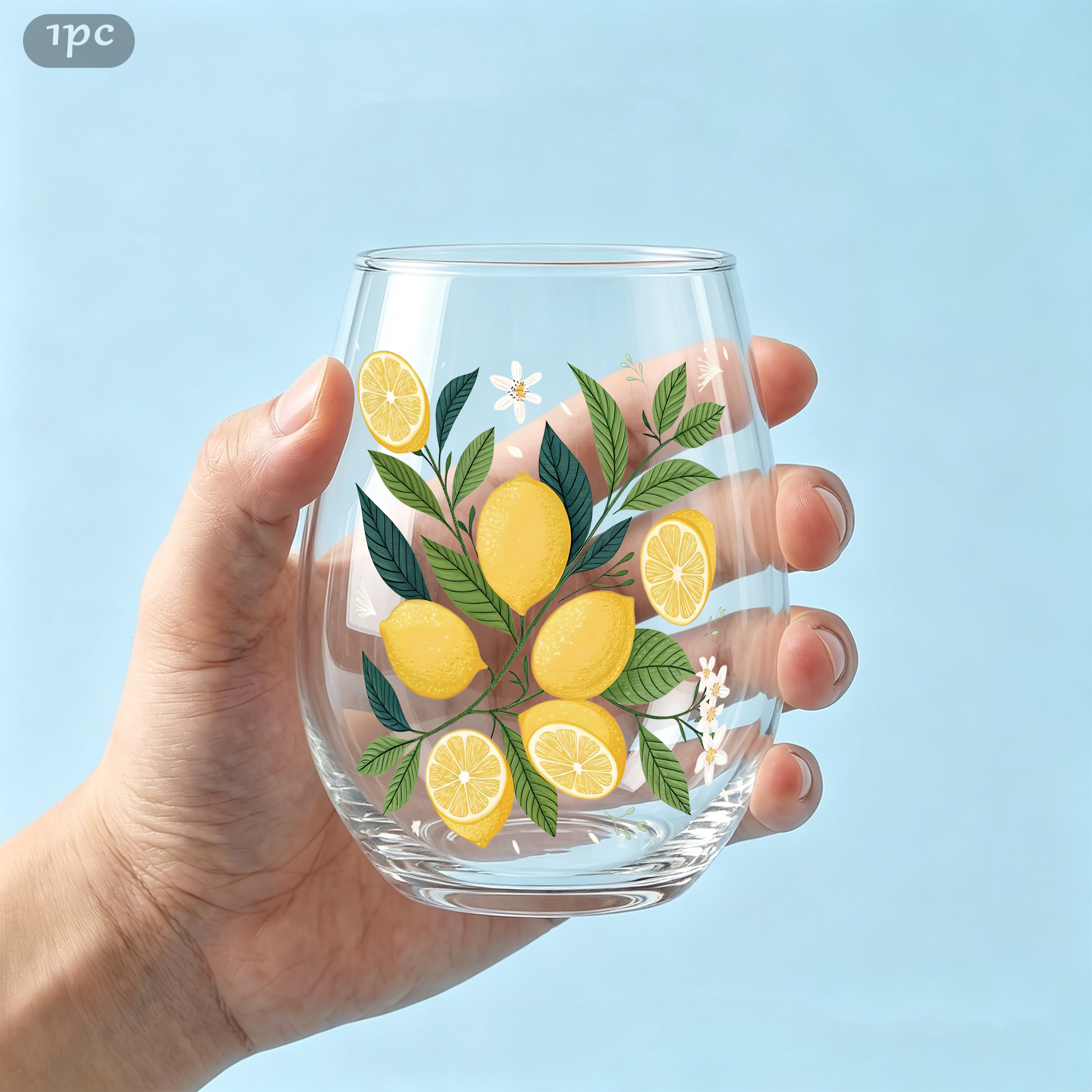 TEMU Verre d'œuf 350 ml, 1 pièce, à motif de feuille verte et de de citrons jaunes, gobelet, verre à vin pied, verre à champagne et à whisky, aux