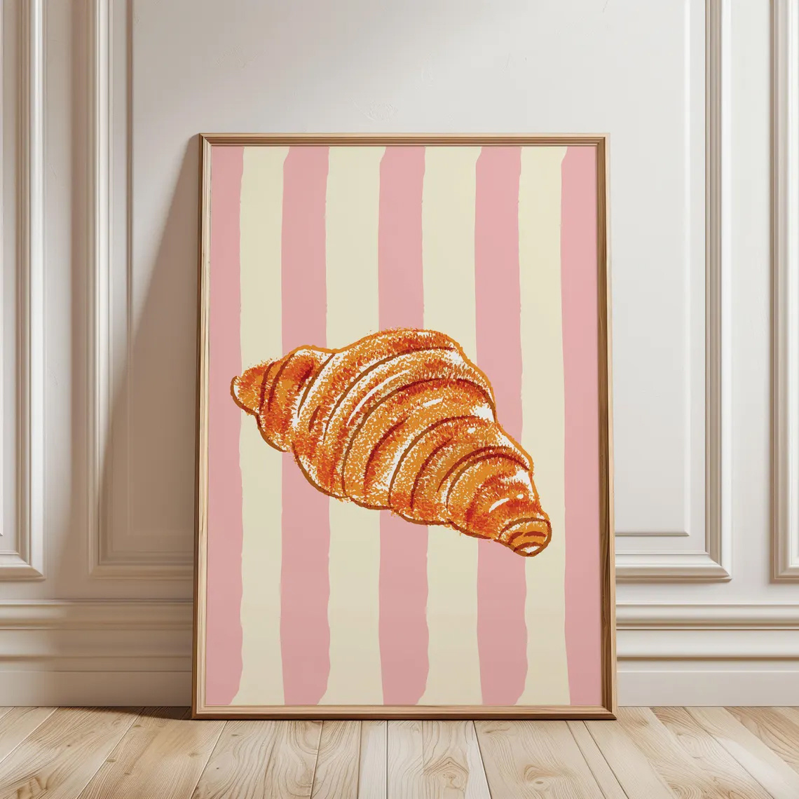 E-shop 1 Stück Vertikales Croissant- Wandkunstdruck - Rosa & Gelb Gestreiftes Gebäck Gemälde, Modernes Französisches Küchen Leinwandposter für Küche,