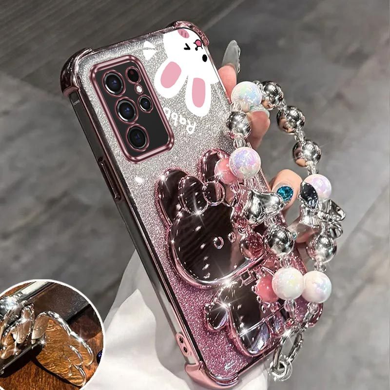 TEMU Phone Case: Galaxys21ultra 5g Luxury Wrist Strap Glitter Makeup Mirror Cute Rabbit Phone Holder Case On For Galaxy S21 Ultra 5g Anti-knock Shock
