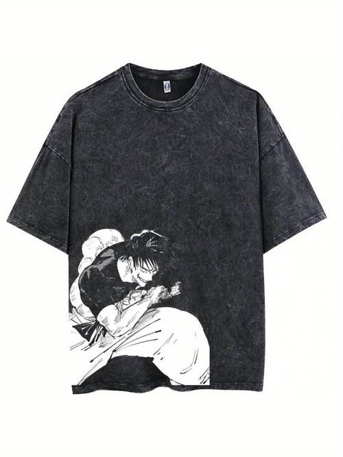 mens graphic denim t shirt 100 cotton washed black with white print short sleeve round neck style machine washable anime t shirt