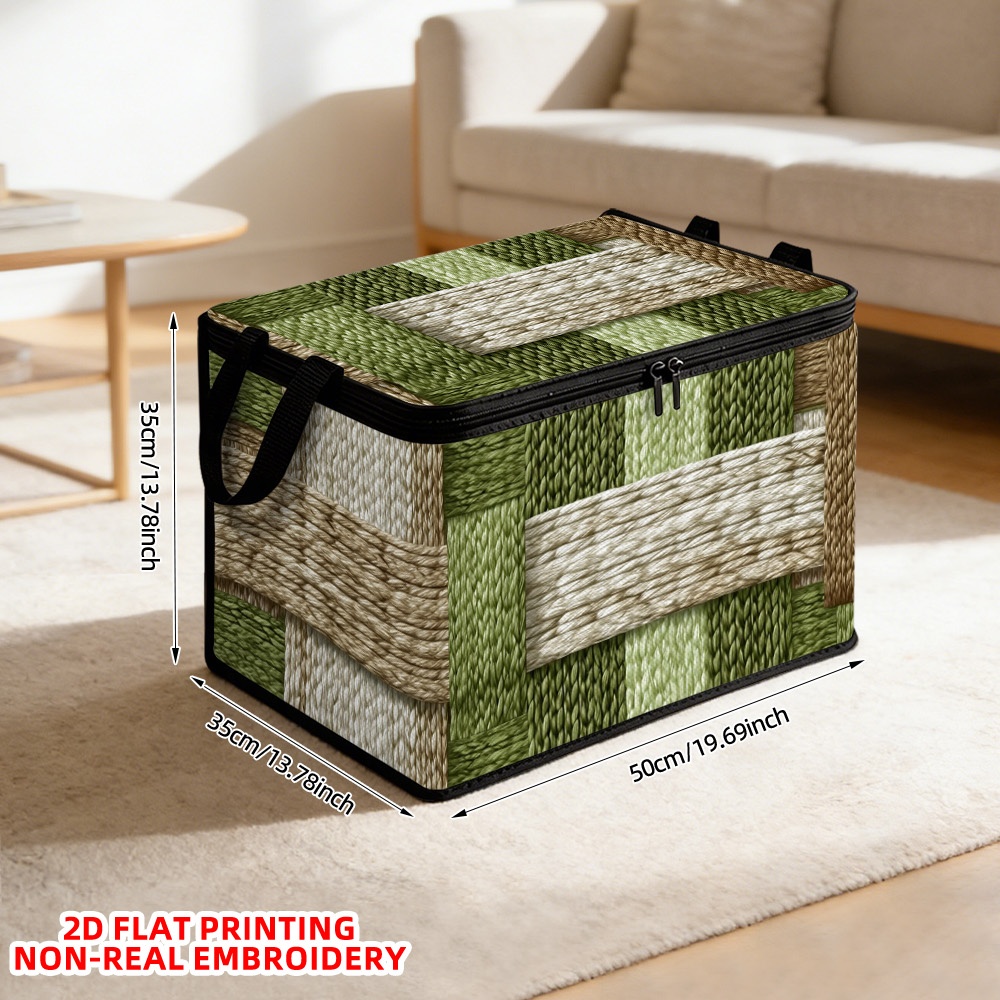 TEMU [2d Flat] 1pc Green And Beige Stripes Printed Laundry Basket With Lid, Shelf Baskets, Clothing Storage Basket | Sturdy Polyester Fabric Hamper