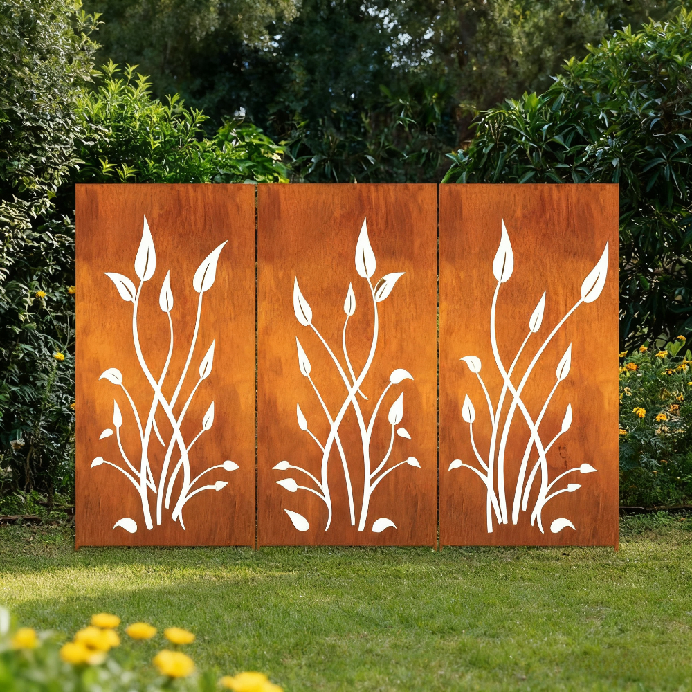 Outdoor Privacy Screen (3pcs Set), Outdoor Metal Wall Decoration, Large Metal Wall Sculpture, Wrought Iron Wall Art, Metal Garden Flowers