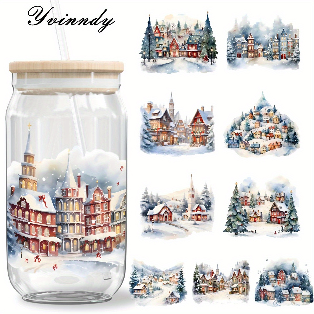 TEMU Set di 5 Pezzi Carta Trasferibile UV DTF Adesiva per Decorare Tazze e Bottiglie, Motivo Paesaggio Innevato Natalizio, 16oz, Adatta per Barattoli