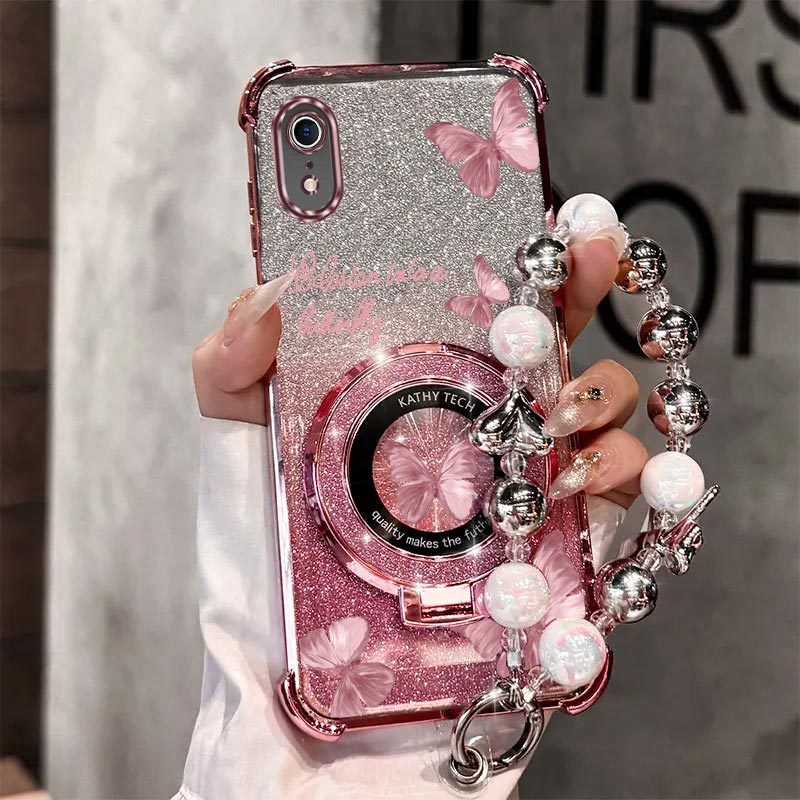 TEMU Étui téléphone : Dragonne perle magnétique pailletée luxe avec support papillon pour iPhone XR, -, -chute, support , ensemble de coque arrière