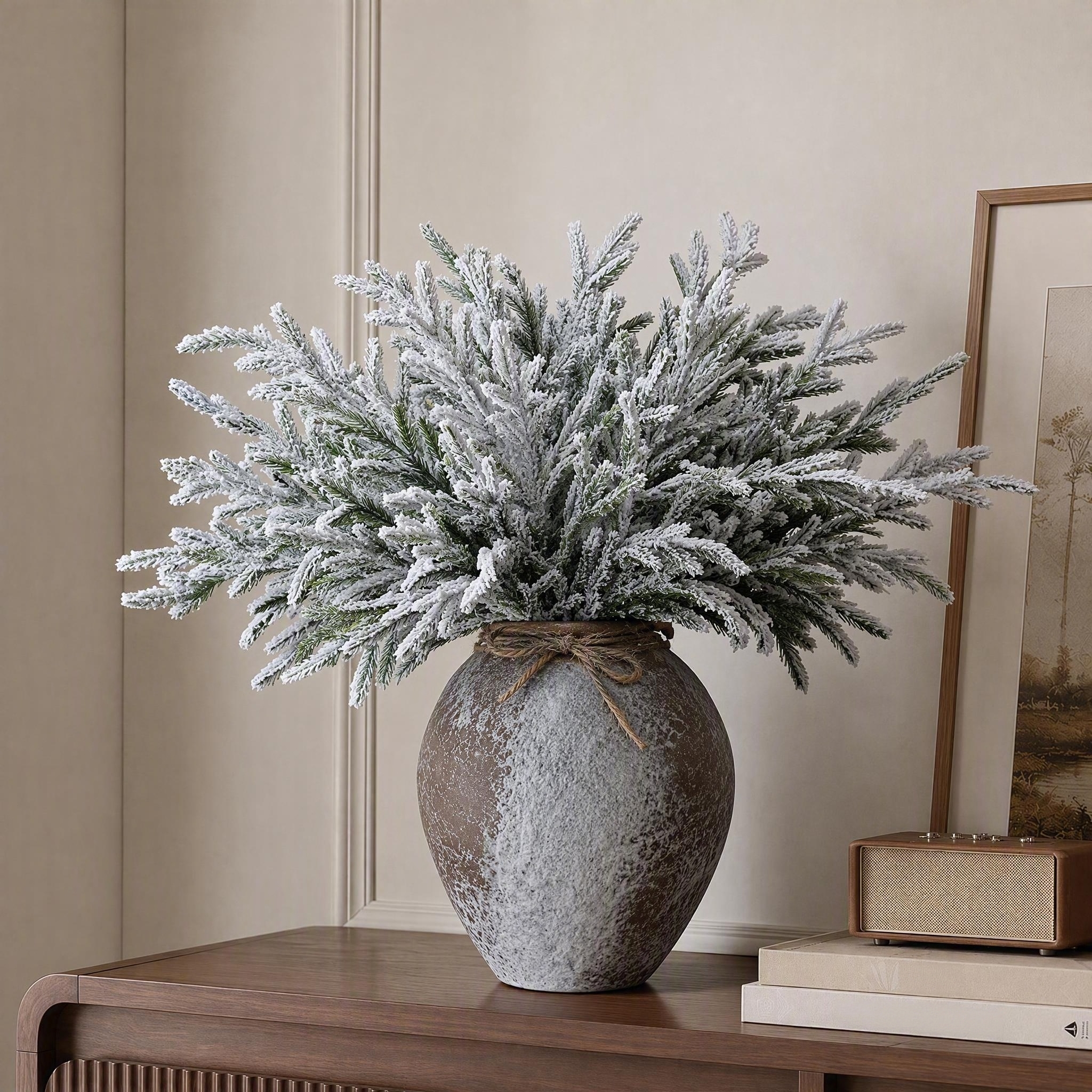 TEMU 25pcs Christmas Snow Norfolk Pine Branches, 13.5" Snow Flocked Artificial Xmas Branches Pine Tree Needles, White Frosted Fake Greenery Norfolk