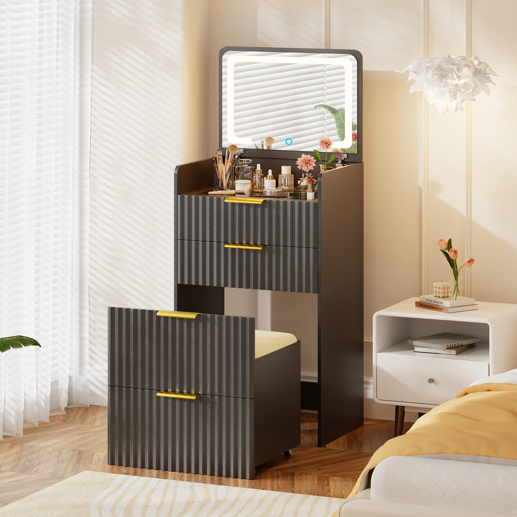 Lvifur Fluted Small Vanity Desk with Mirror and Lights, 3-in-1 Compact Makeup Vanity Set with Hidden Storage Stool, Mini Dressing Table with 3 Drawers for Little Girls/ Kids