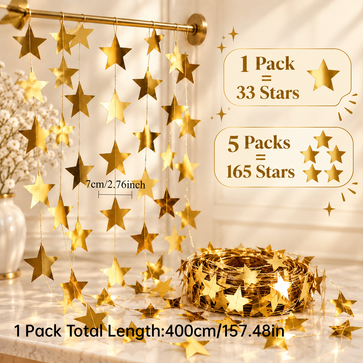 TEMU 5 Packs de Guirlande Étoile Dorée de 4M (13.1Ft) - Bannière Suspendue Étoile à Branches Brillante, Décoration de Fond de Fête Réutilisable à