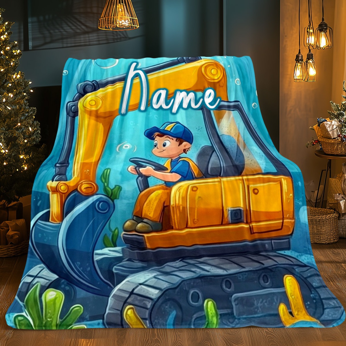 TEMU 1pc Personalized Name Excavator Travel Blanket - Lightweight Flannel Throw For Sofa, Bed, Camping, Living Room, Office, Couch, And Chair -