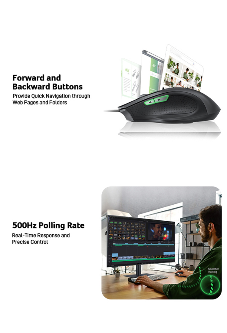 Acer Genuine Product M02 Ergonomic Wired Mouse: 4-level DPI Adjustment, 500Hz Polling Rate, Left/right Click Buttons on Both Sides, Works on Multiple Surfaces, Approximately 1.5-meter Cable, Ideal for Gaming and Office Use, USB Plug-and-play