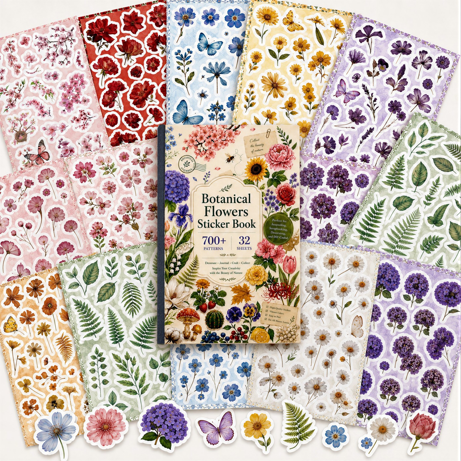 Knjiga cvetličnih nalepk, 700+ edinstvenih cvetličnih nalepk, 32 listov nalepk za scrapbooking, kolaž, junk journal, vintage botanična knjiga