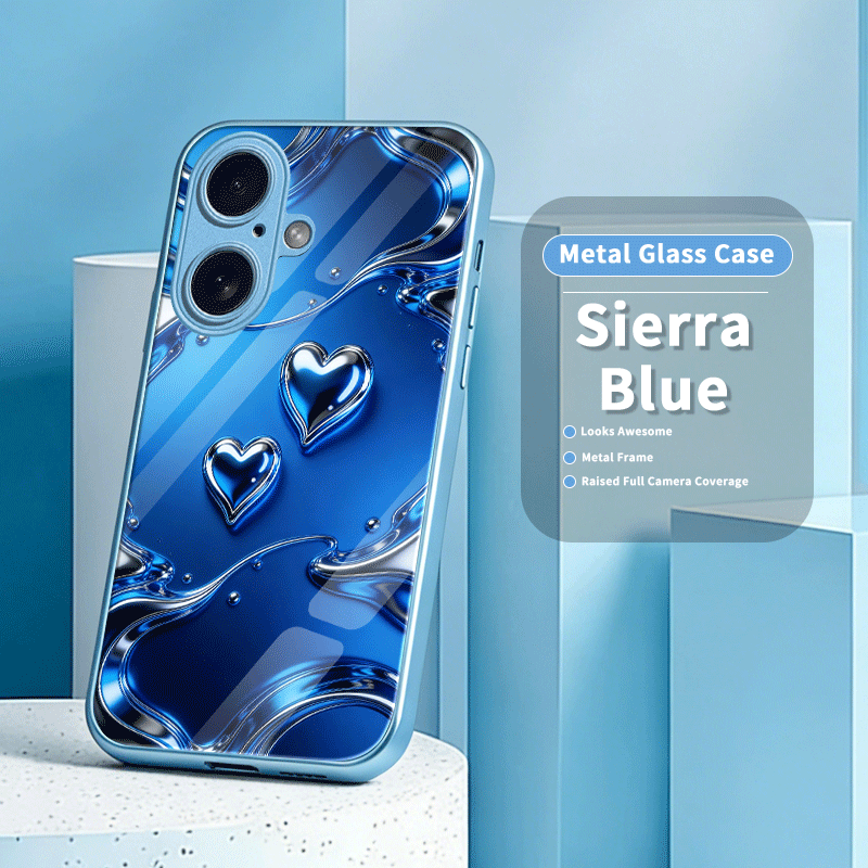 TEMU Phone Case - Heart Pattern Metallic Blue Glass Case Exquisite Luxury Feel Suitable For Iphone 17 Pro Max/16 Pro Max/13/ Pro Max/16 Pro/16/14 Pro