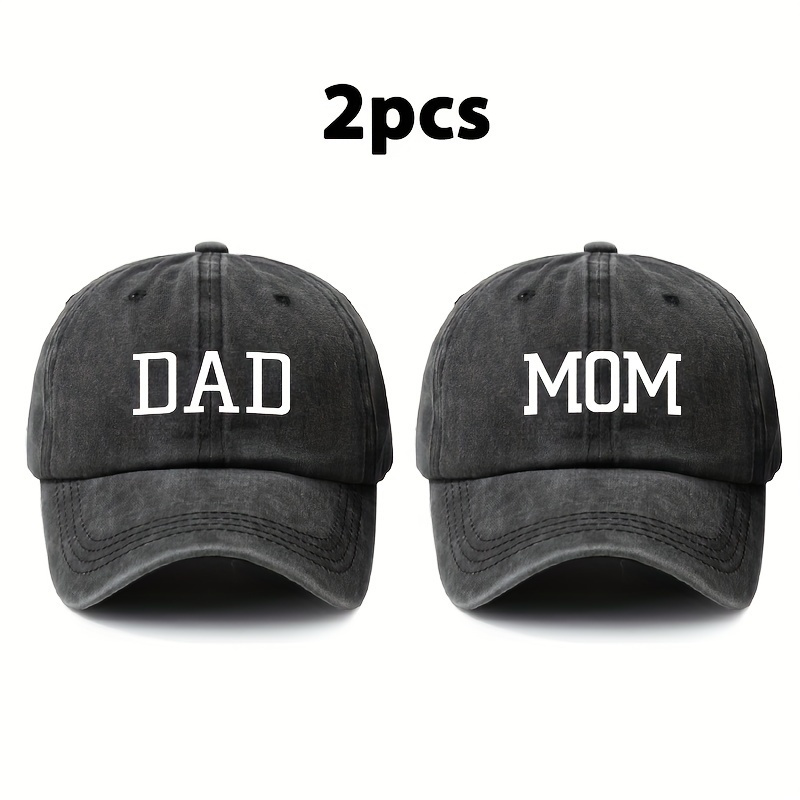 Image of 2pcs Retro Style Soft Washed Baseball Cap With The Words "dad" And "mom" Printed On It, Suitable For Men And Women To Wear, Perfect For Outdoor Activities, And Adjustable To .