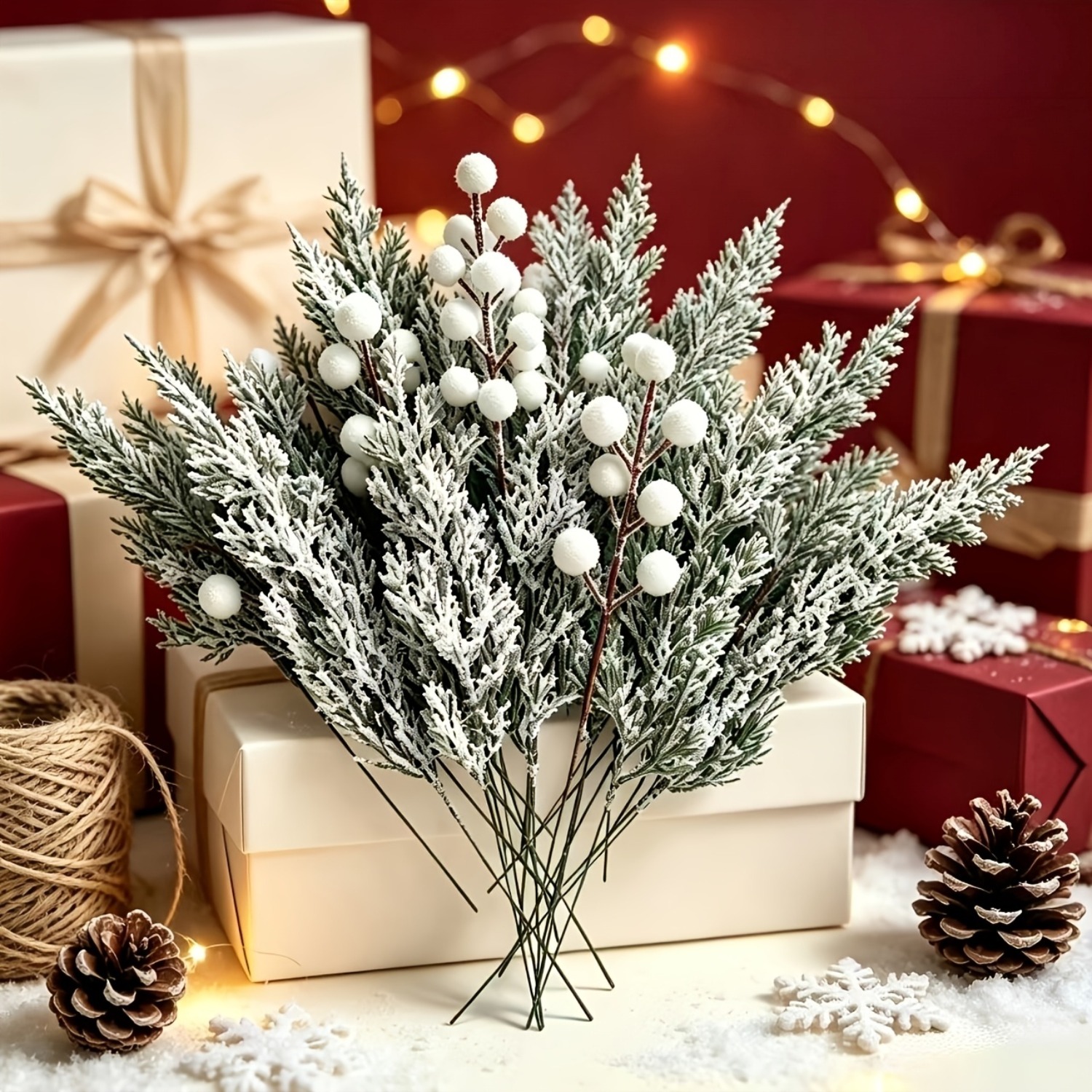 TEMU 16pcs Exquisite Artificial Christmas Cedar Decoration Set, Including 10 Cedar Branches And 6 White Berries With Snowflake Effect, For Christmas