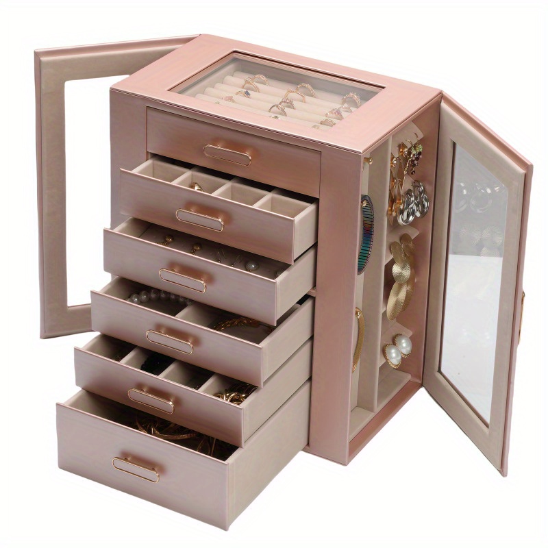 boho chic 6 tier multifunctional   leather jewelry box with clear drawers open shelves large capacity organizer for earrings necklaces bracelets watches elegant gift for women girls christmas valentines day birthdays graduation Product details 9